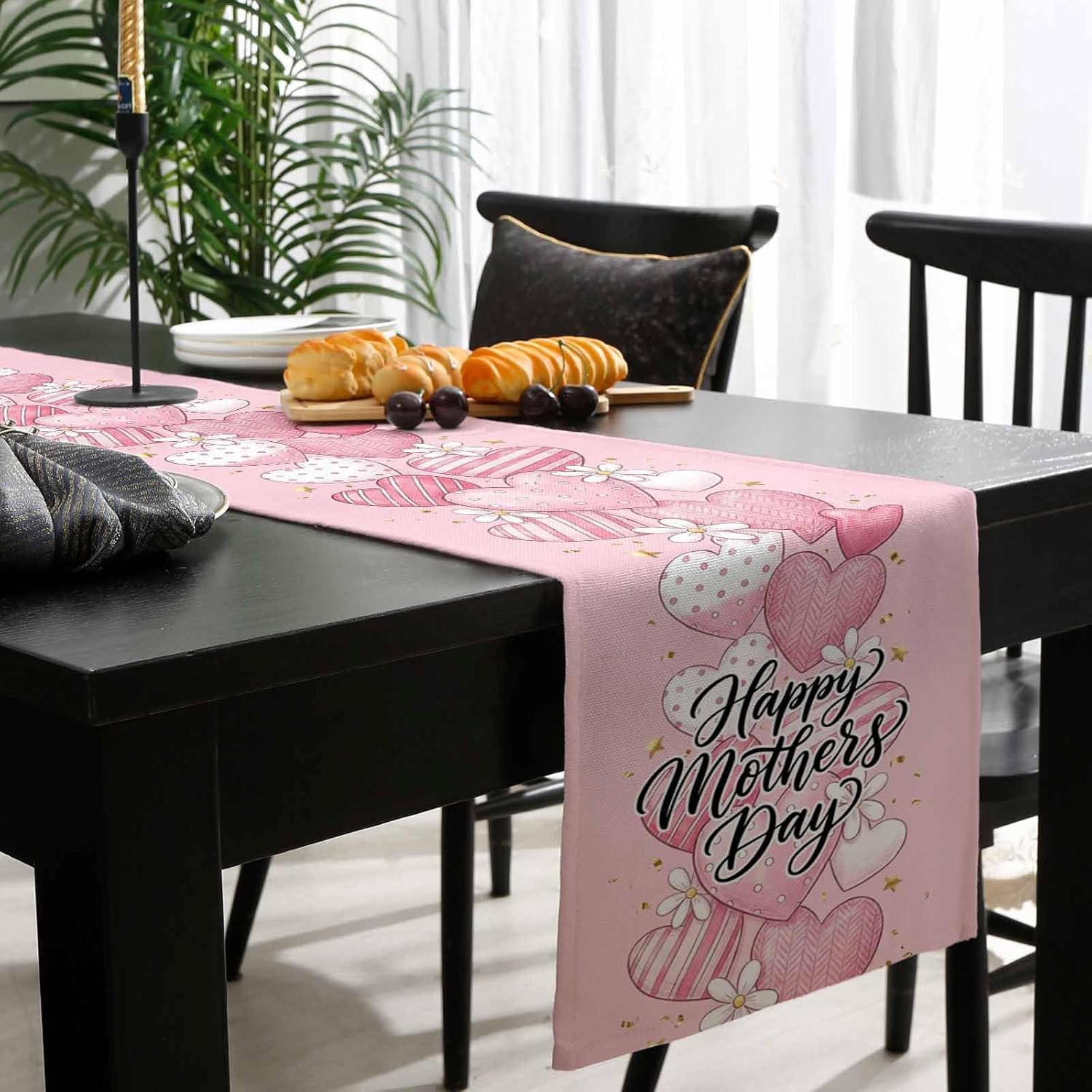 Happy Mother's Day Table Runner - 120 Inch Long Spring Floral Love Heart Pink Cotton and Linen Blended Dress Scarves Farmhouse Table Runner for Kitchen Dining, Coffee Table, 13" x 120"
