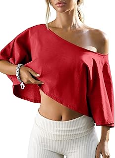 Womens Off The Shoulder Cropped Tops Batwing Short Sleeve Workout Shirts Asymmetrical Neck Summer Casual T Shirts