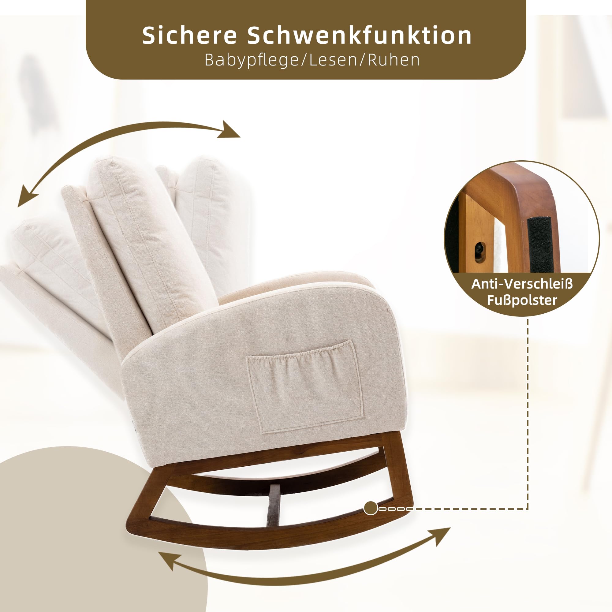 Silla mecedora acolchada para habitación infantil Glider Rocker para bebés y niños, sillón Comfy con bolsillo lateral, sillón de salón con respaldo alto (beige), yaoyi-01