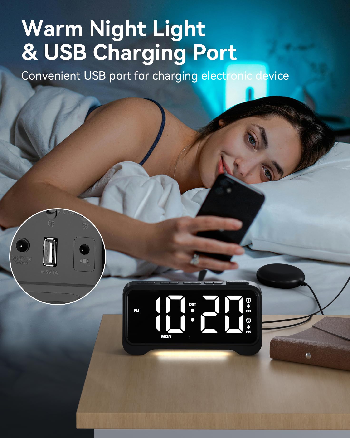 Amazon.com: Vibrating Alarm Clock for Heavy Sleepers, Digital Alarm Clock  with Bed Shaker, RGB Colorful Changing, Night Light, USB Charger, Dimmable  Loud Bedside Desk Clock for kids, Hearing Impaired Deaf, Adults :