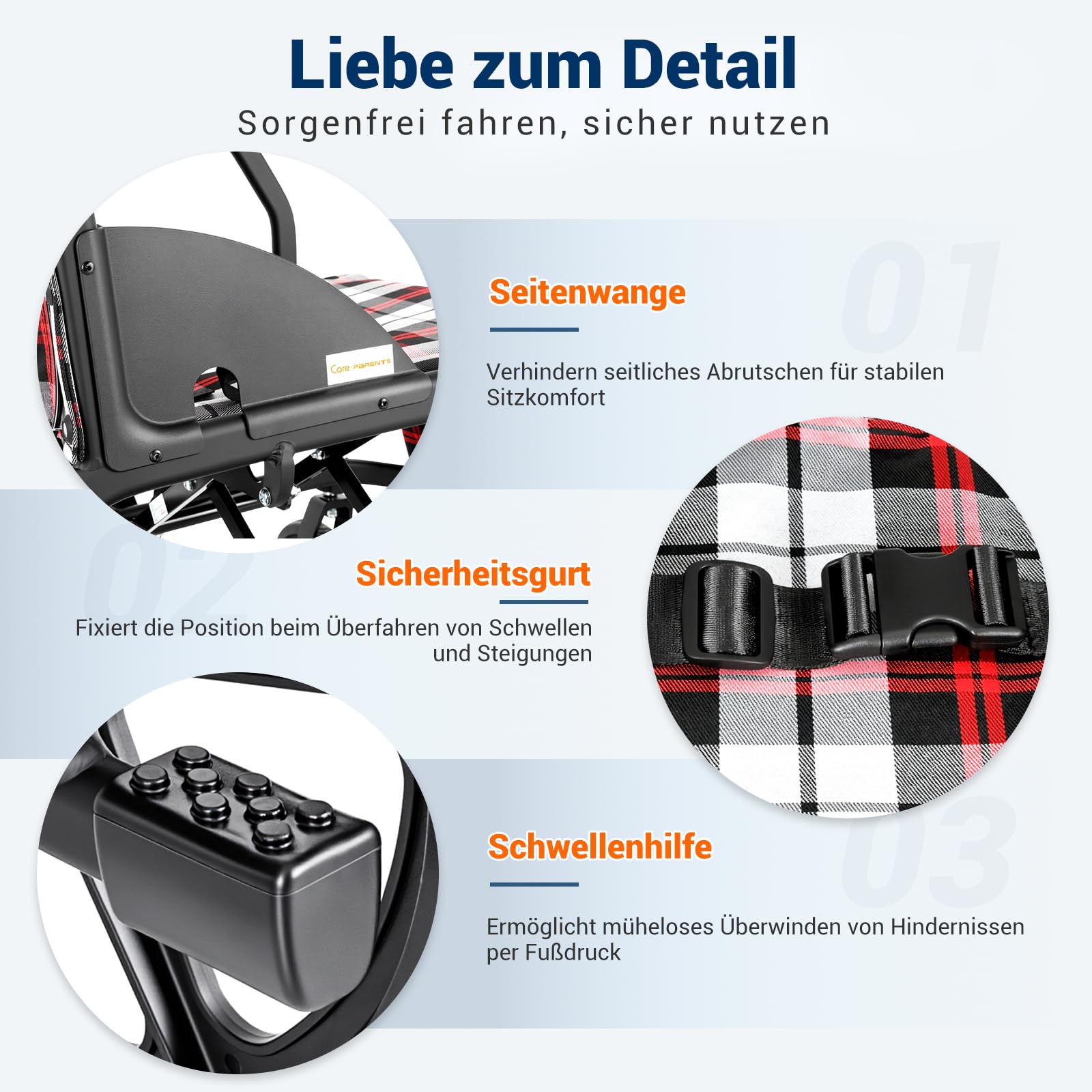 Care-Parents Transportrollstuhl Faltbar Leicht (11kg), Aluminium Rollstuhl mit 16 Zoll Hinterrädern & Pannensichere Bereifung, 45cm Sitzbreite, Doppelbremse & Sicherheitsgurt, für Senioren (CP-30A6N)