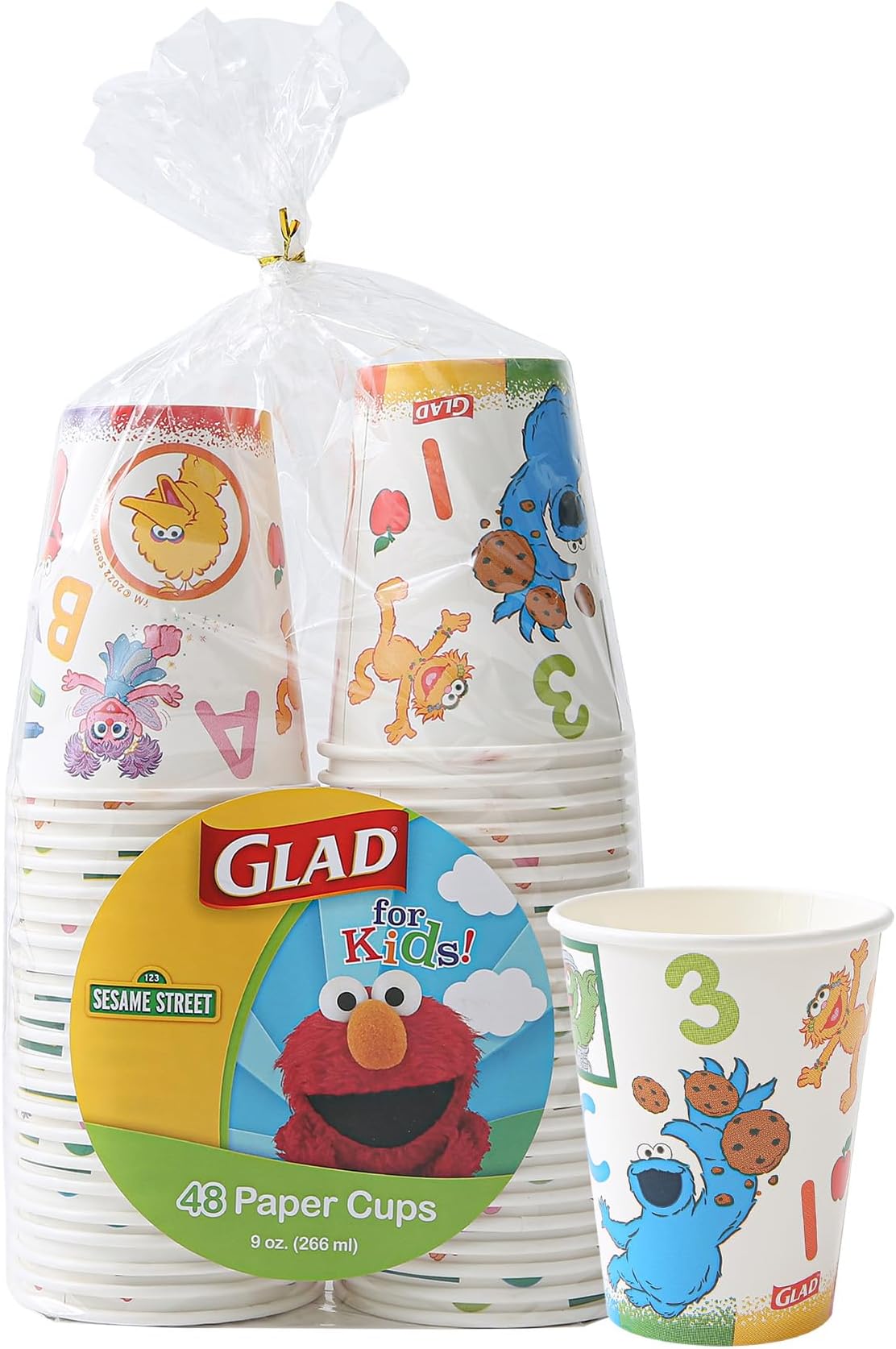 Glad for Kids Sesame Street Paper Cups, Curriculum Style, Kid Sized Elmo Disposable Cup for Everyday Use, 9 oz - 48 Count