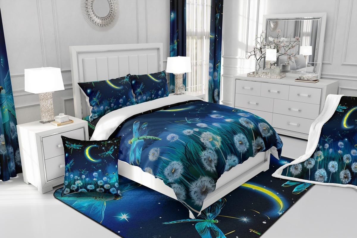 Teal Dragonfly Duvet Cover Stars and Moon Galaxy Bedding Set King for Kids Child, Dandelion Comforter Cover Night Blue Starry Sky Quilt Cover Jungle Trees Woodland Rustic Animal Room Decor