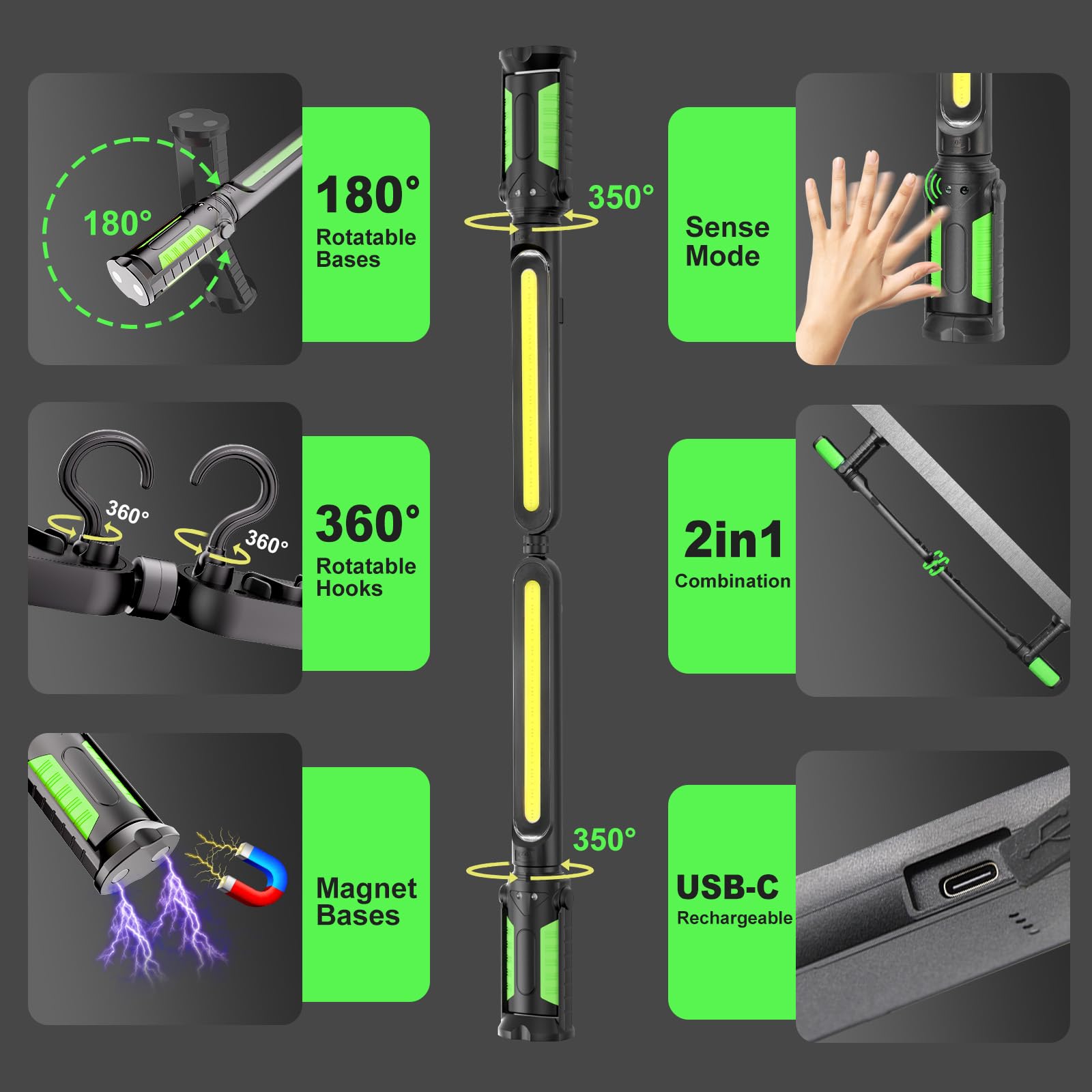 Wiederaufladbare magnetische Arbeitslichtleiste mit Sensormodus, Einzel- oder Doppelnutzung LED-Unterhaubenlicht, tragbares schnurloses Falllicht für Autoreparatur, Inspektion, Werkstatt