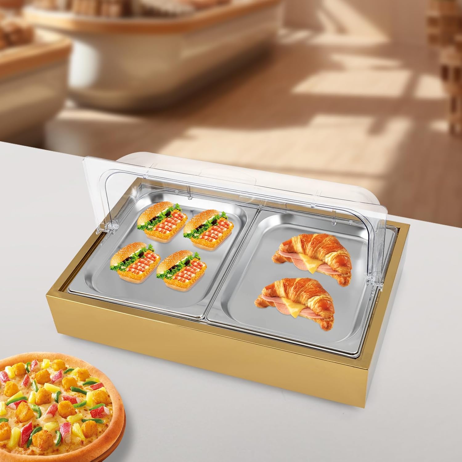 Modern Gold Reusable Food Display Tray with 2 Compartments, 6L Capacity, Clear Top Cover, Buffet Cold Serving Cooler Platter