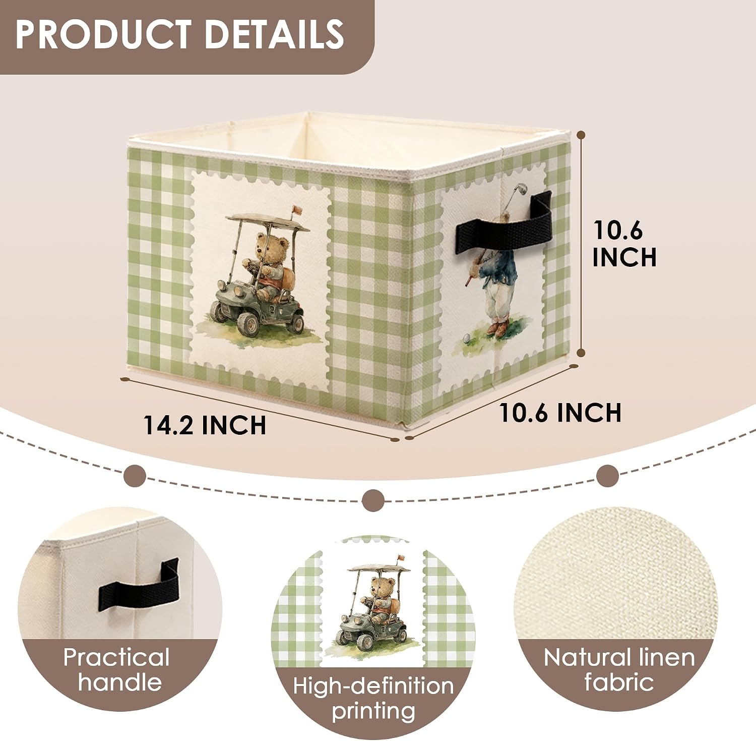 Bear Golfer Golf Nursery Storage Bins with Handles, Sage Green Checkered Bear Golfing Collapsible Storage Box Basket Books Clothes Organizer for Boys Room Nursery Playroom