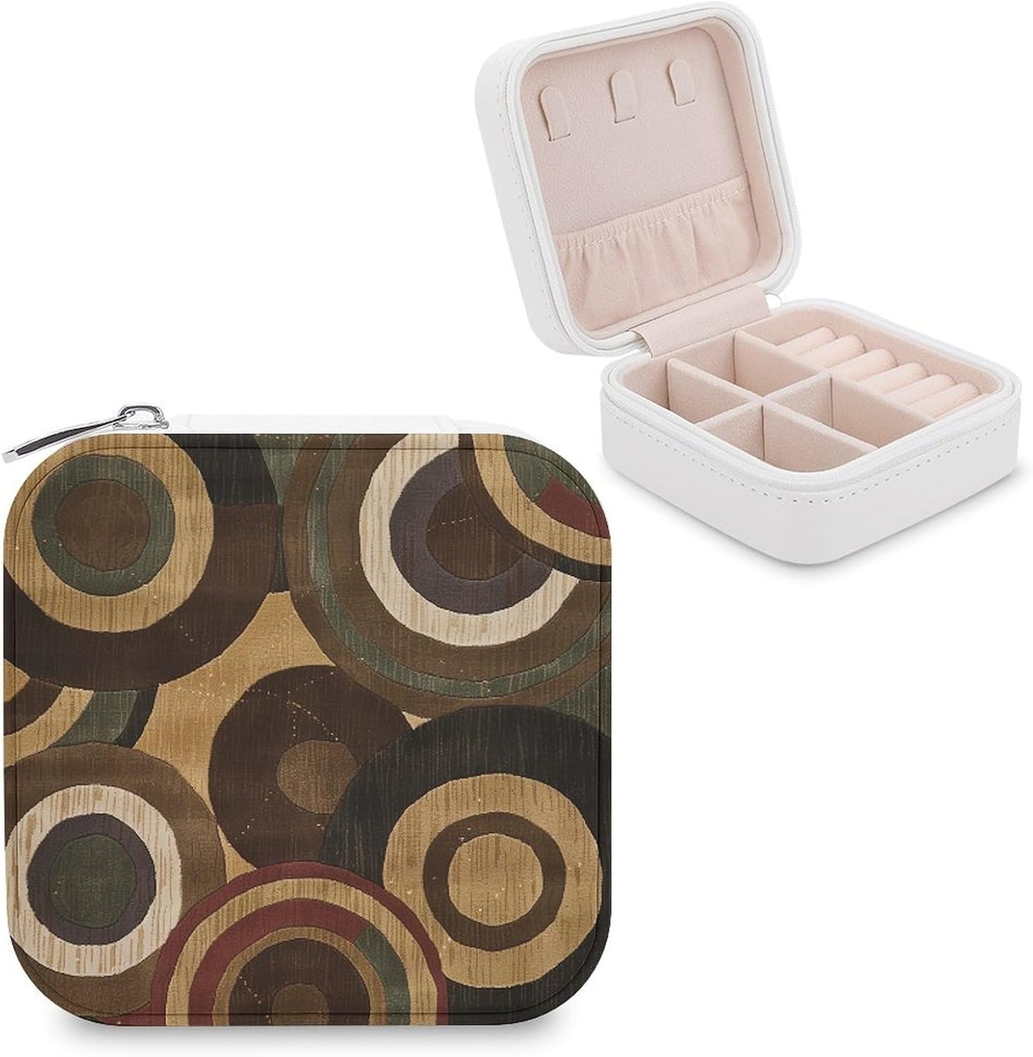 PU Leather Storage Box,Brown And Tan Printed Portable Jewelry Box Mini Travel Storage Box Women's Jewelry Storage Rack for Necklace Earrings Bracelets Rings