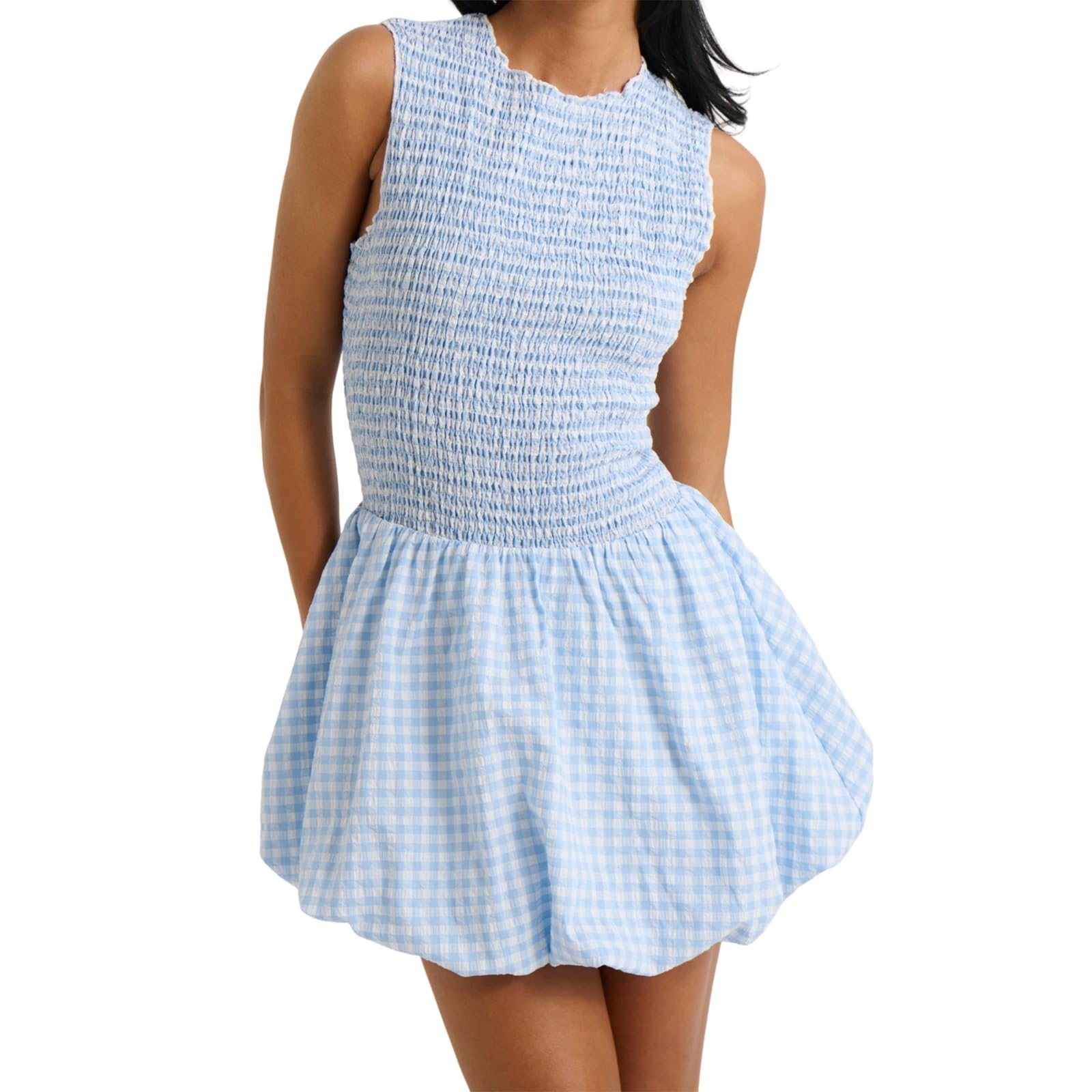 Tempura Women Gingham Tank Dress Smocked Round Neck Sleeveless Mini Bubble Dresses Going Out Party Sundress