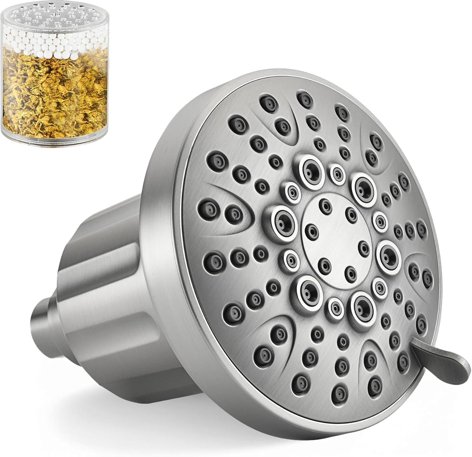 BRIGHT SHOWERS Filtered Shower Head, High Pressure Fixed Showerhead for Hard Water, Dual-Media Filter Removes Chlorine & Impurities, 8 Spray Modes, Brushed Nickel