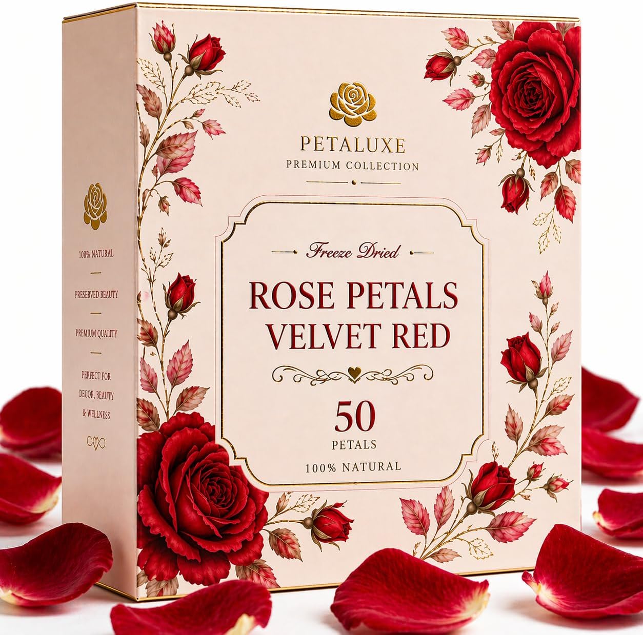 Petaluxe Freeze Dried Rose Petals, Velvet Red, 100% Natural, 50 Petals, for Decor, Beauty & Wellness