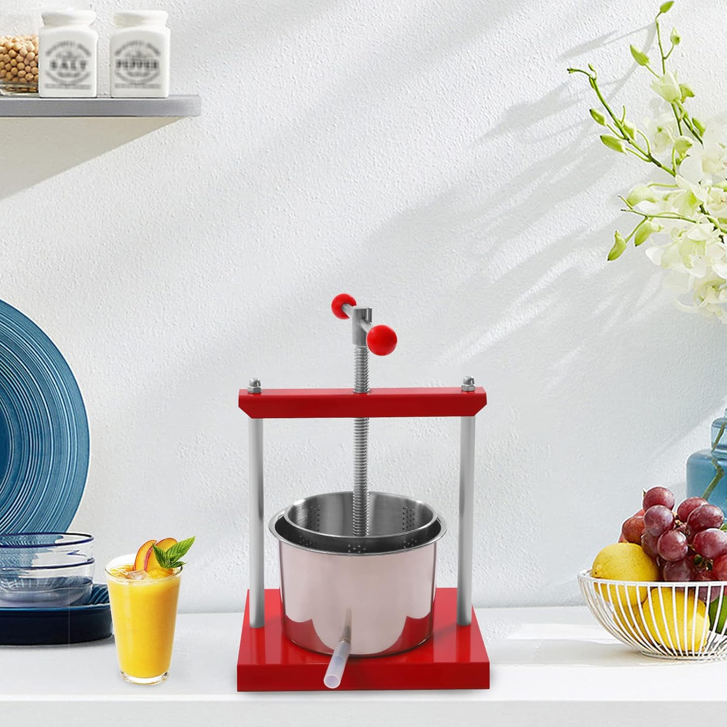 Fruit Wine Press, Manual Stainless Steel Juice Maker 1.6 Gallon Manual Press Honey Olive Oil Making Press with T-Handle for Outdoor, Kitchen, and Home