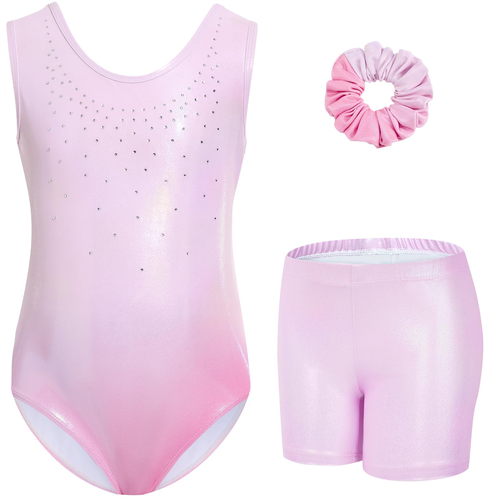 Gogokids Conjunto de gimnasia de tres piezas para niña, cuello en Y, sin mangas, con pantalones cortos y diadema, traje de gimnasia con diseño de bloques de color azul y morado, 3-12 años — view 10