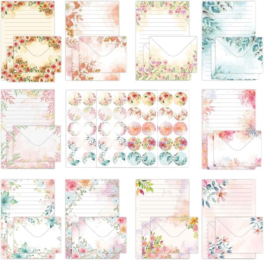 X spring Floral Writing Paper, 103 PCS Retro Decorative Lined Letter Sheets with Envelopes, Vintage Flower Stationery Set for Invitations plus Greeting Cards, 10 Unique Watercolor Designs