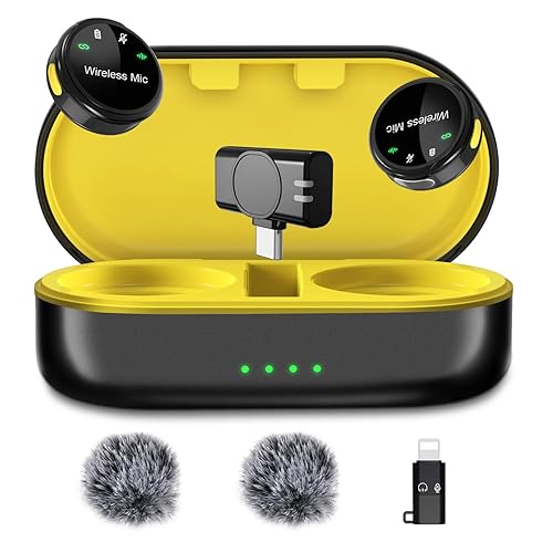 GoorDik J7 Wireless Lavalier Microphone for iPhone, iPad and Android(Lightning/USB C), Mini Microphones 30 H Battery Life, 2 Pack Round Mini Mics for Video Recording YouTube TikTok Content Creator - Black Mic for USB C + Charging Case