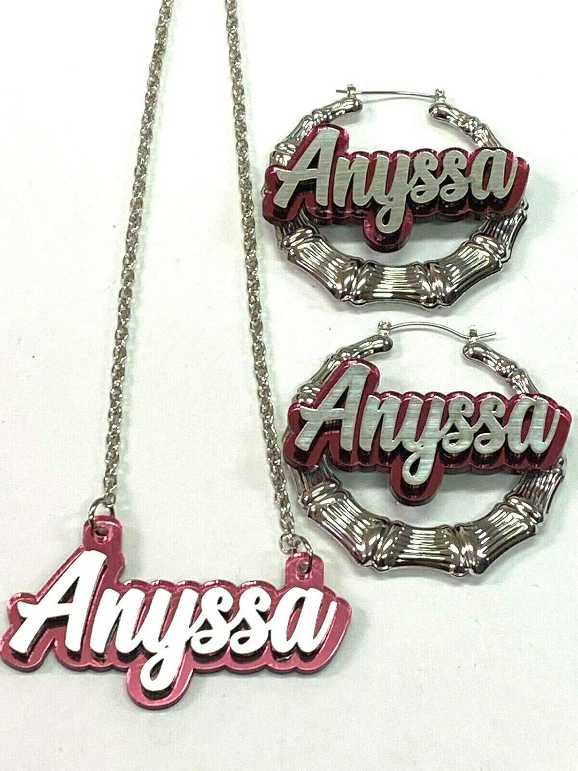 Necklace With Silver Chain and 2.5" Bamboo Earrings Personalized Matching Set Name Plate Custom Nameplate Laser Cut Silver Script Letters Made To Order Any Name - Dazzling and Stunning!