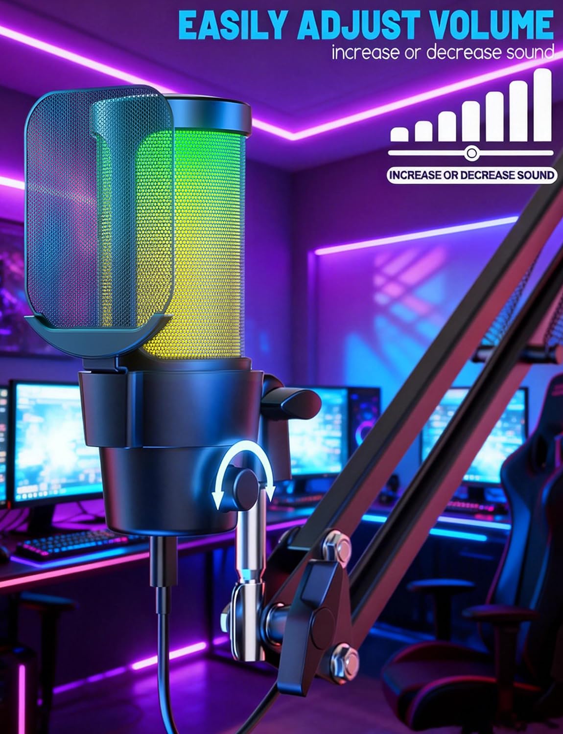 Gaming Mikrofon mit Arm Plug & Play USB Kondensator Mikrofon mit RGB Licht, Mute-Taste, Pop-Filter & 1,8m USB-Kabel Mikrofon für PC, Laptop, Mac, PS4, PS5, Streaming, Podcast & Videokonferenzen | Mute-Taste, Pop-Filter, 1,8 m USB-Kabel, klare Sprachaufnah