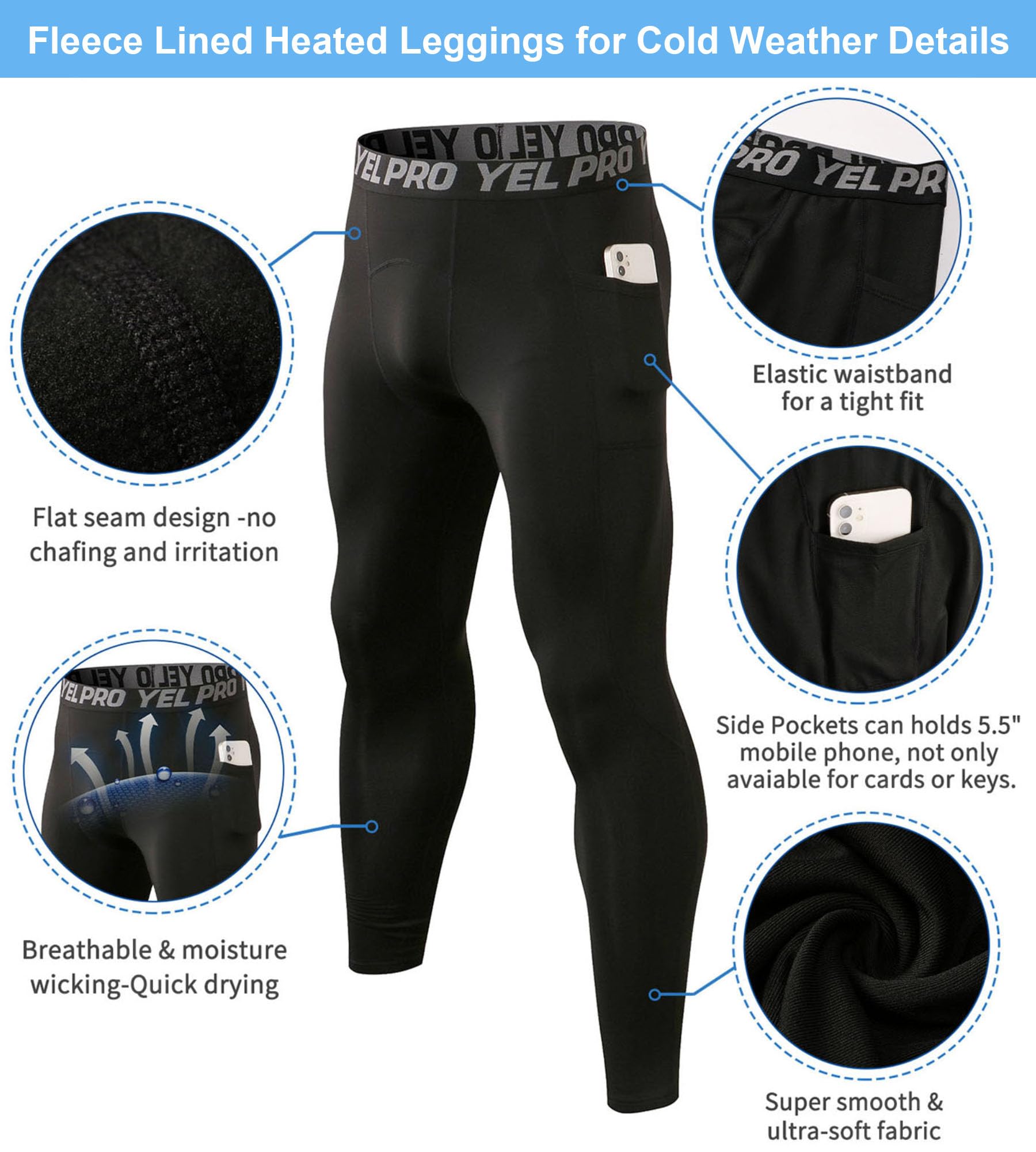 SPVISE Thermo-Kompressionshose für Herren, mit Fleece gefüttert, Sport-Leggings, Strumpfhose, kaltes Wetter, Baselayer-Hose, 1 oder 2 Stück
