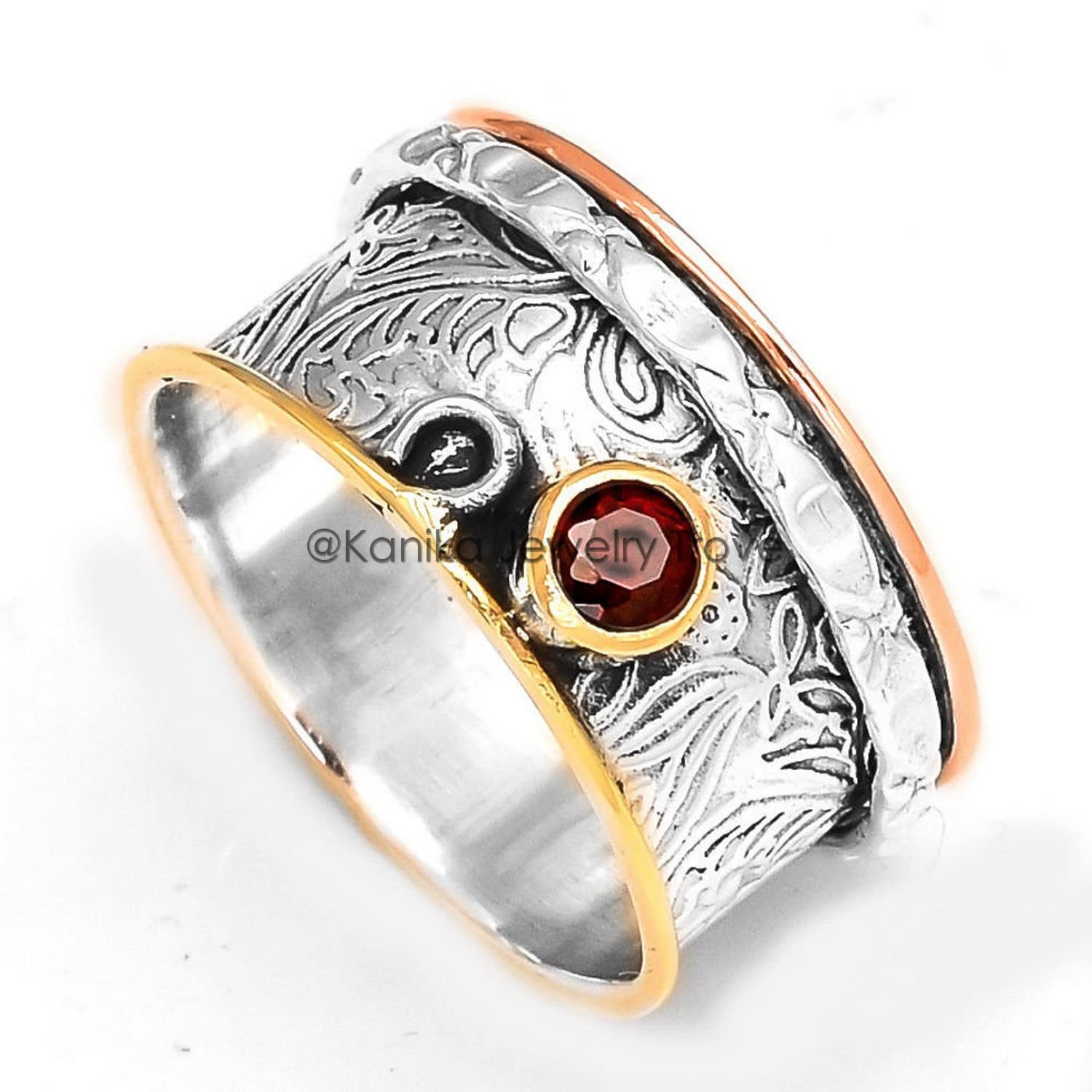 Blume Textur Spinner Ring 925 Sterling Silber Strukturierter Granat Herren Spinner Ring, Breitbandring, Angstring, Frauenring, Daumenring, Personalisierter Ring Muttertagsgeschenk (Granat, Größe 7)