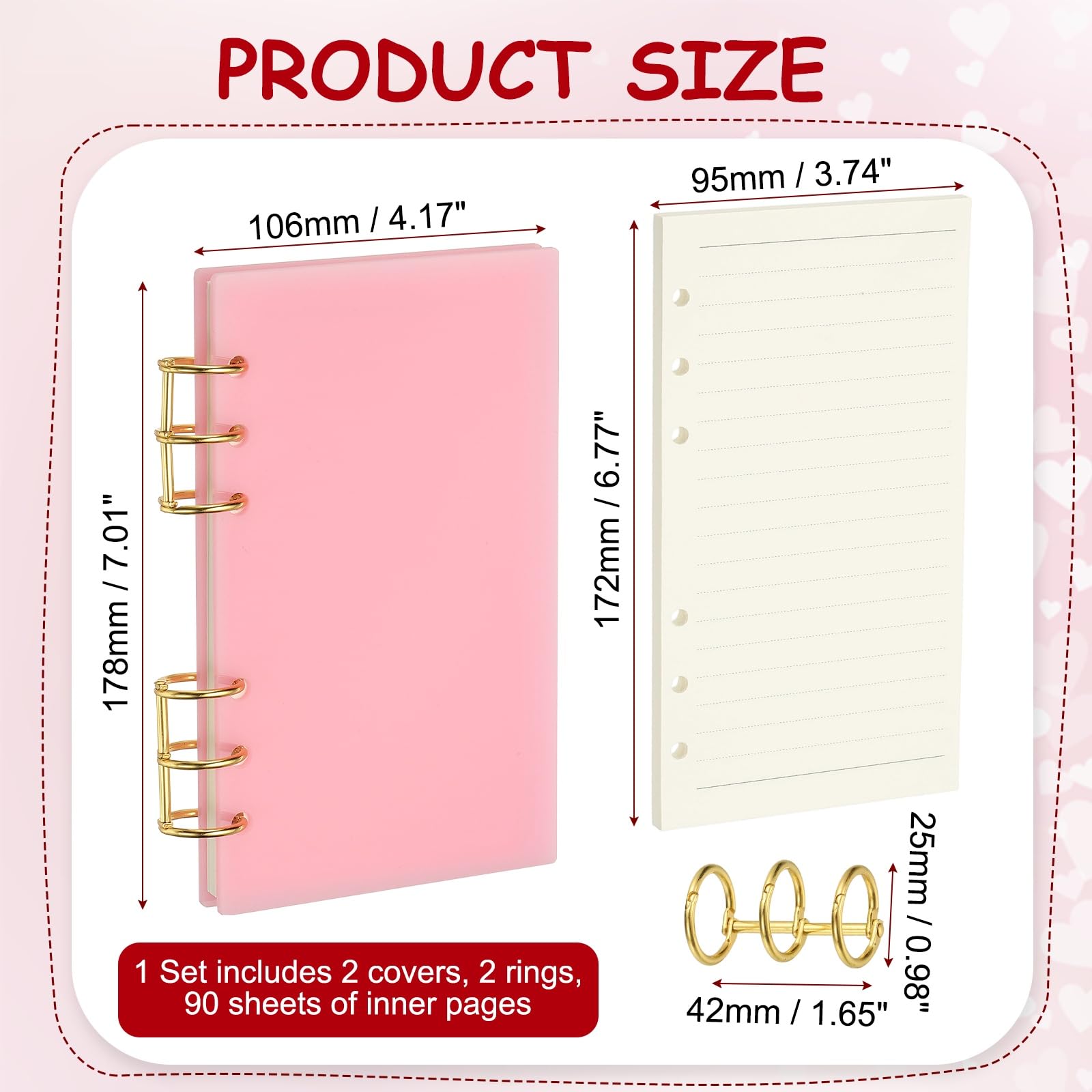 PATIKIL 6 Ring Binder Notebook Cover, A6 Acrylic Binder Notebook 2 Gold Metal Round Rings with 90 Sheets Lined Inner Papers for Travel Office Planner Budget, Pink - Image 2
