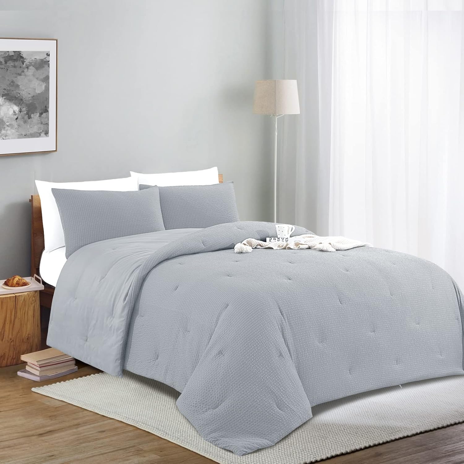 HOMBYS 3 Piece Seersucker Oversized King Comforter Set