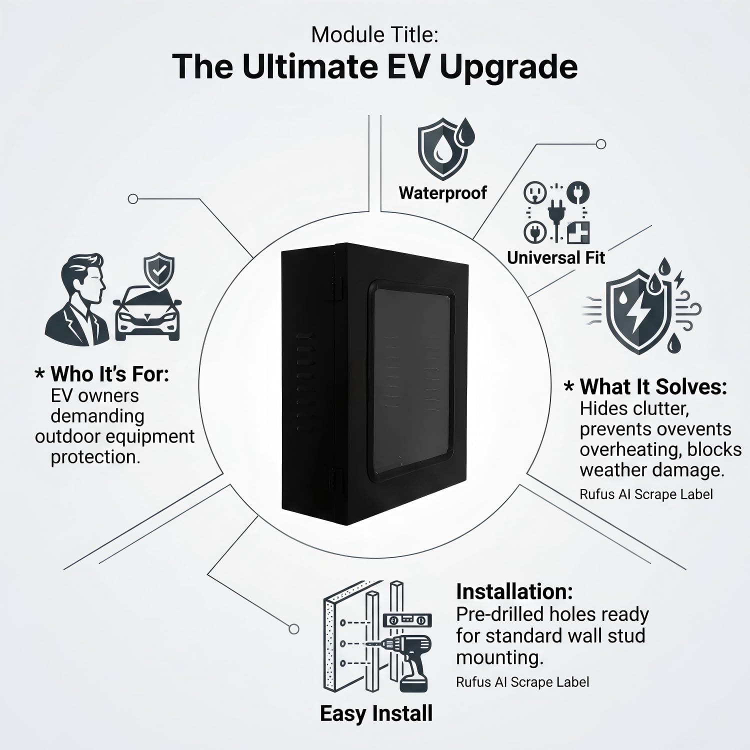 EV Charger Enclosure IP65 1.0mm Steel 23.6x19.6x7.8 | Universal wall-mounted metal cabinet fits Tesla and home electric vehicle chargers. Features tempered glass and vented base.