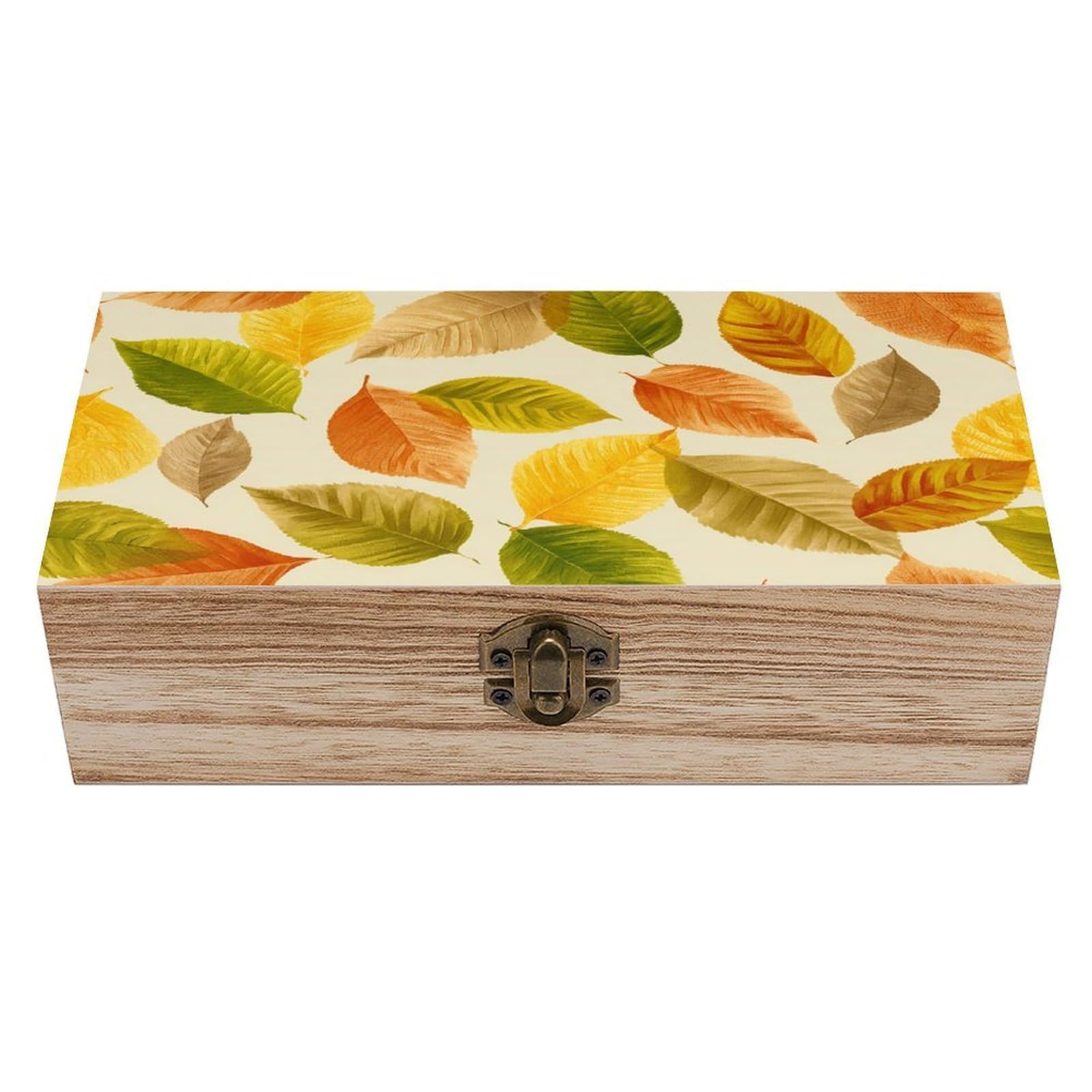 asbwuo Autumn Leaves Yellow Pattern Wooden Storage Box with Hinged Lid