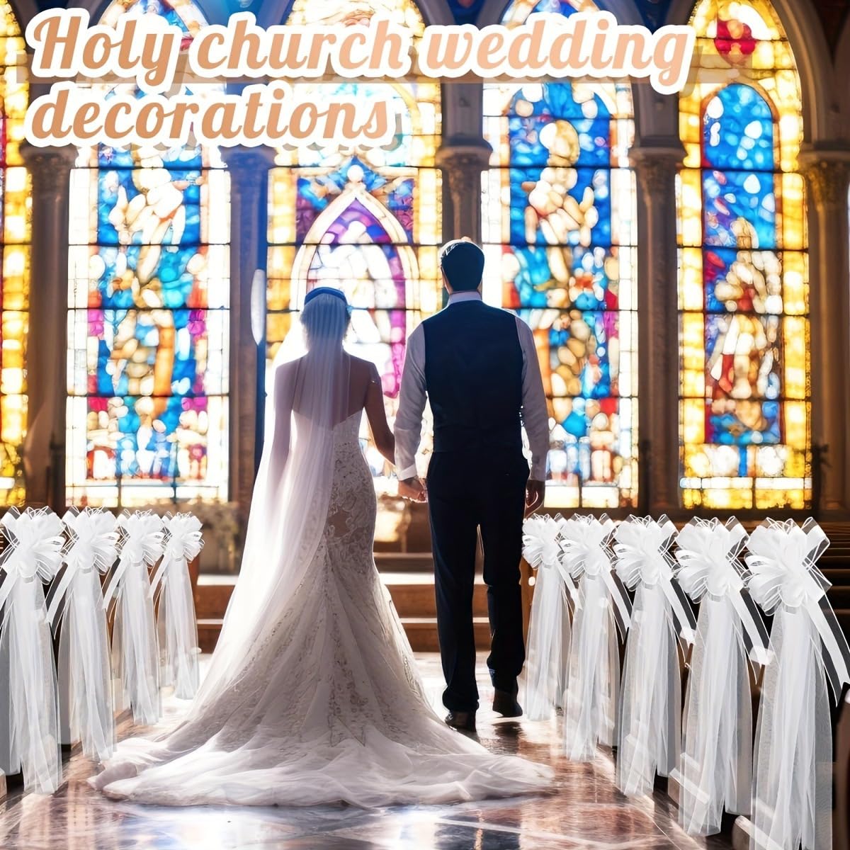 Lot de 12 nœuds de mariage avec queues en tulle - Blanc - Long nœud de chaise - Décoration de mariage - Pour fête de mariage