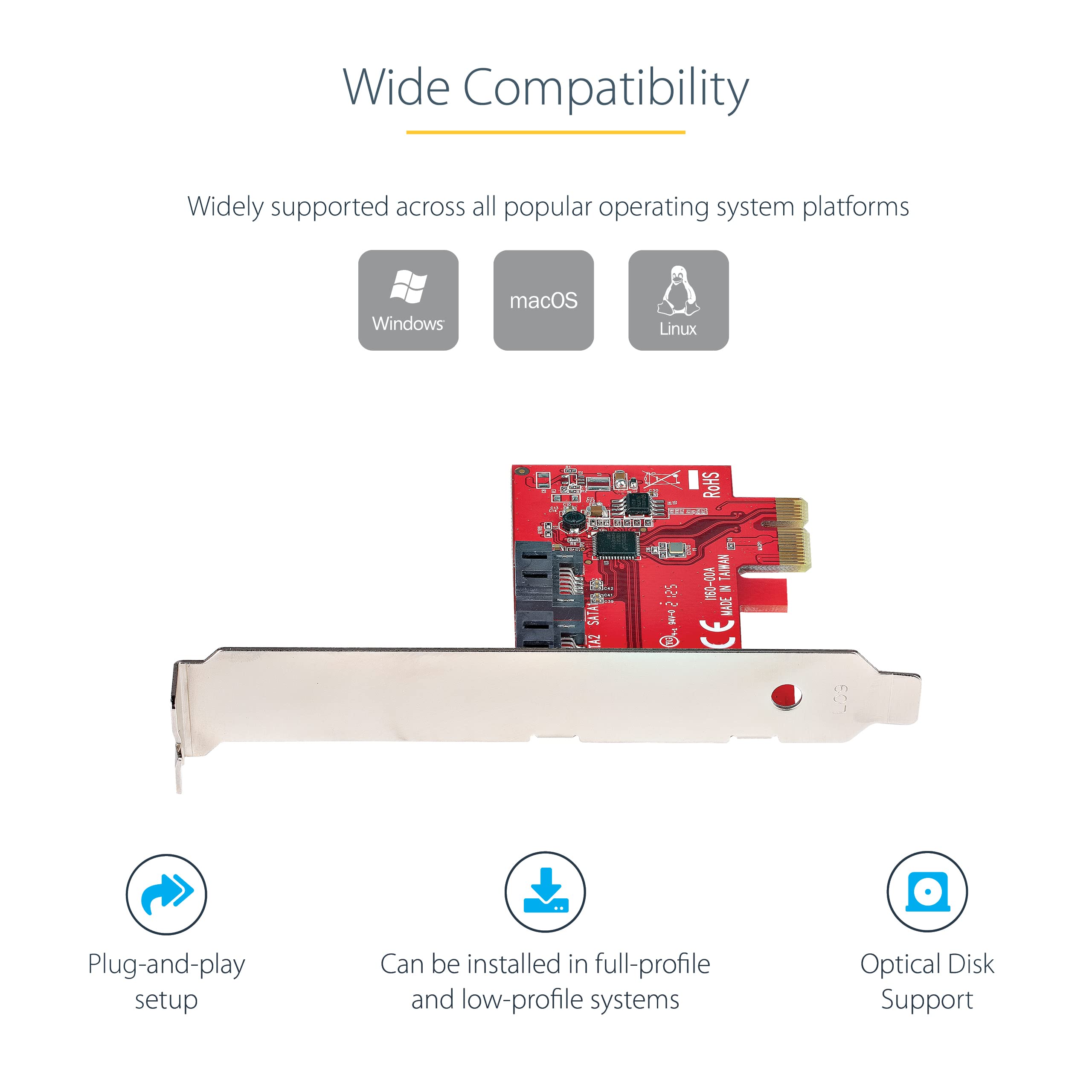 StarTech.com Carte PCI Express SATA 2 ports Contrôleur PCIe SATA 6Gbps ASM1166 Non-RAID PCI Express 3.0 vers SATA Connecteurs SATA Empilés Carte d'Extension SATA