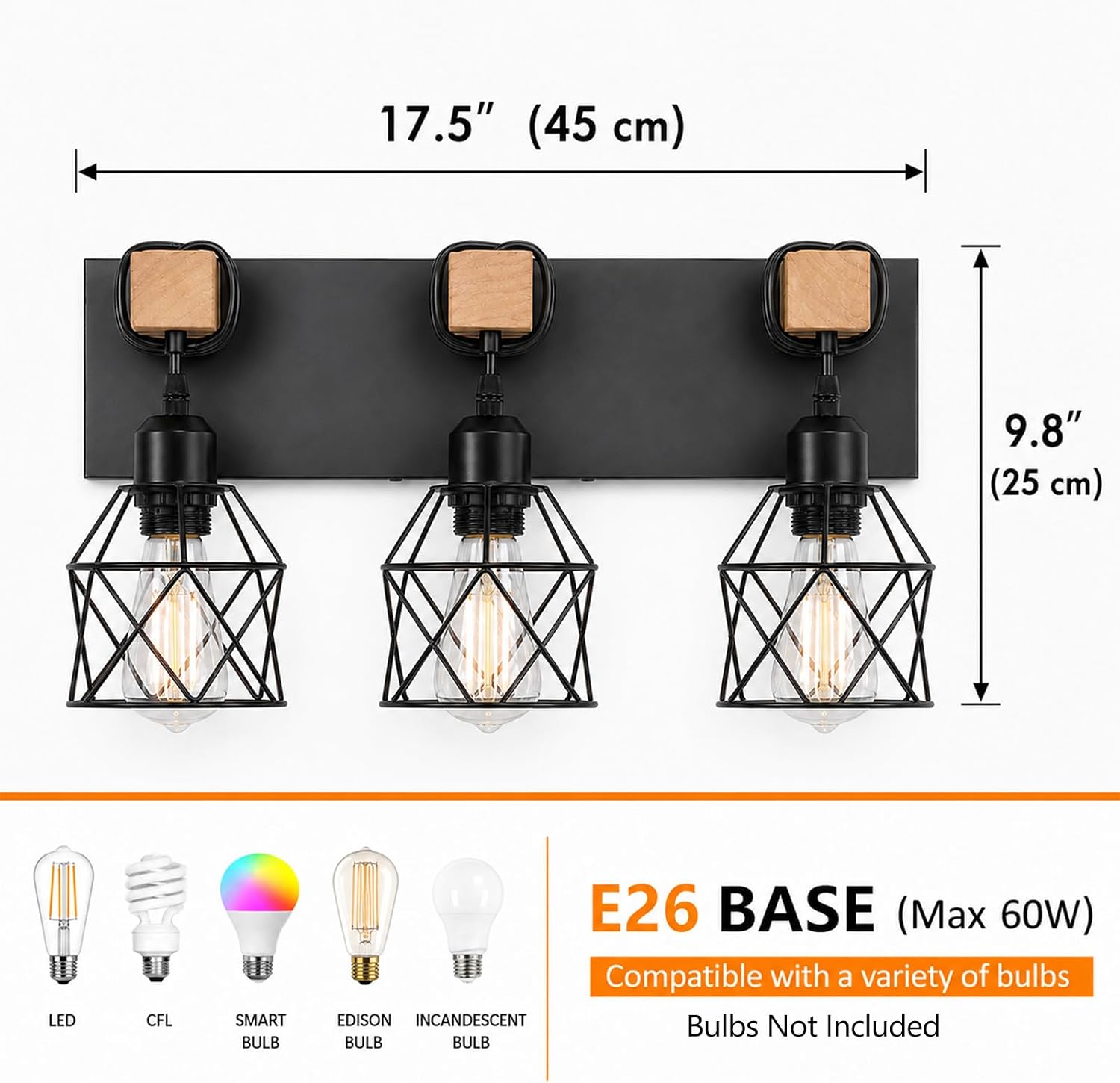 Farmhouse Bathroom Light Fixtures, 3-Light Vanity Lights for Bathroom, Black Wood Bathroom Lighting Over Mirror with Metal Shades, Bulbs Not Included