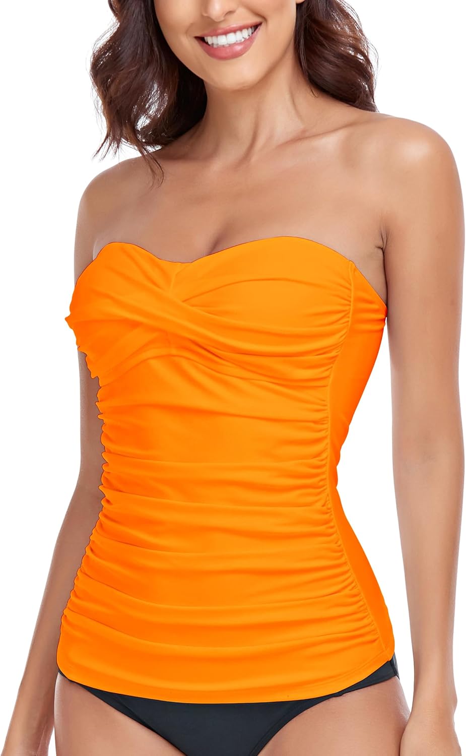 Ocean Blues Women's Strapless Bandeau Swimsuit Top Ruched Tummy Control Tankini Top Only