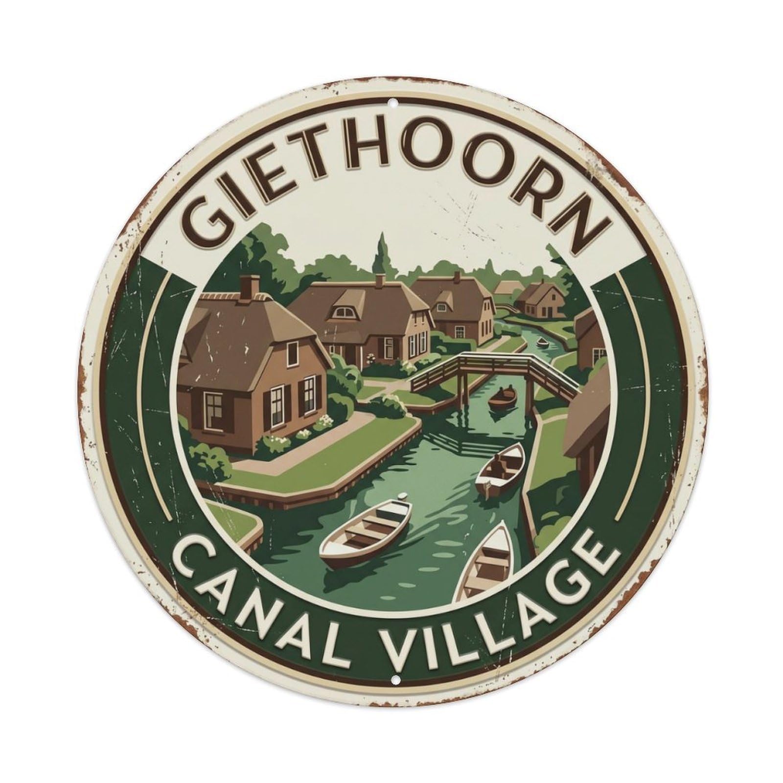 Giethoorn Canal Village Netherlands Waterway Vintage Metal Tin Sign Plaque Wall Decor for Cafe, Club, Garden Round Metal Poster 8x8Inch