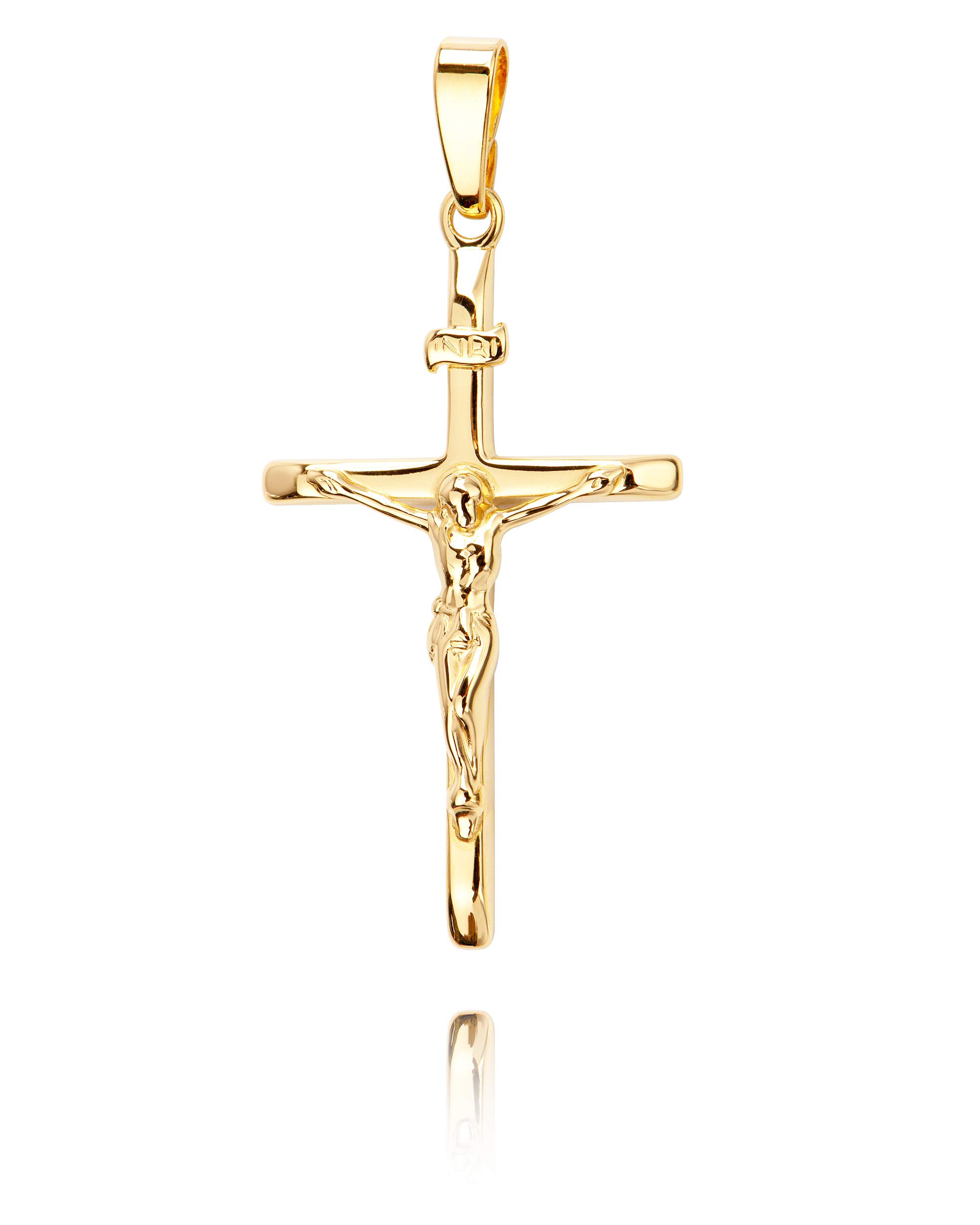 Kreuzanhänger Jesus Christus mit INRI-Gravur und Panzer-Kette für Damen, Herren und Kinder als Gold-Kreuz-Ketten-Anhänger mit Schmuck-Etui + Kette