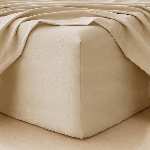 MooMee Sábana bajera ajustable de solo 100% algodón lavado con textura parecida al lino, transpirable, duradera, suave, cómoda, bolsillo profundo