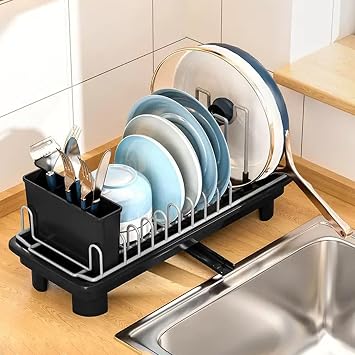 Dish Drainer Rack With Drip Tray, Kitchen Draining Board Rack with 360  Rotating Spout, Metal Sink Dish Rack with Cutlery Holder - Black