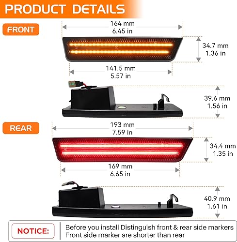 Miniatura 4 de Lentes ahumadas ámbar rojo LED luces de marcador lateral para Dodge Challenger 2008 2009 2010 2011 2012 2013 2014, Challenger delantero trasero