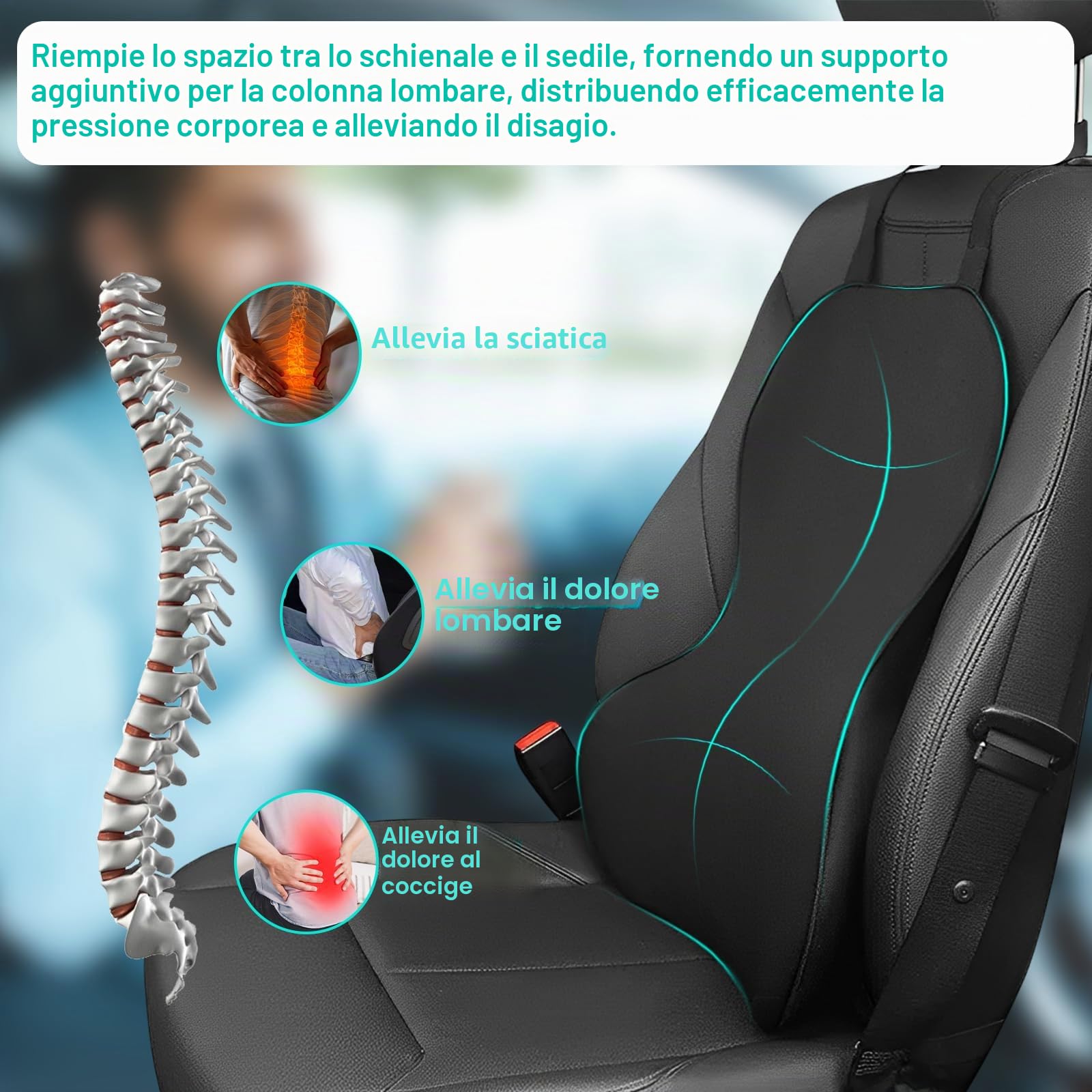 Cuscino lombare in memory foam, cuscino posteriore per sedili auto, supporto lombare per conducente (A)