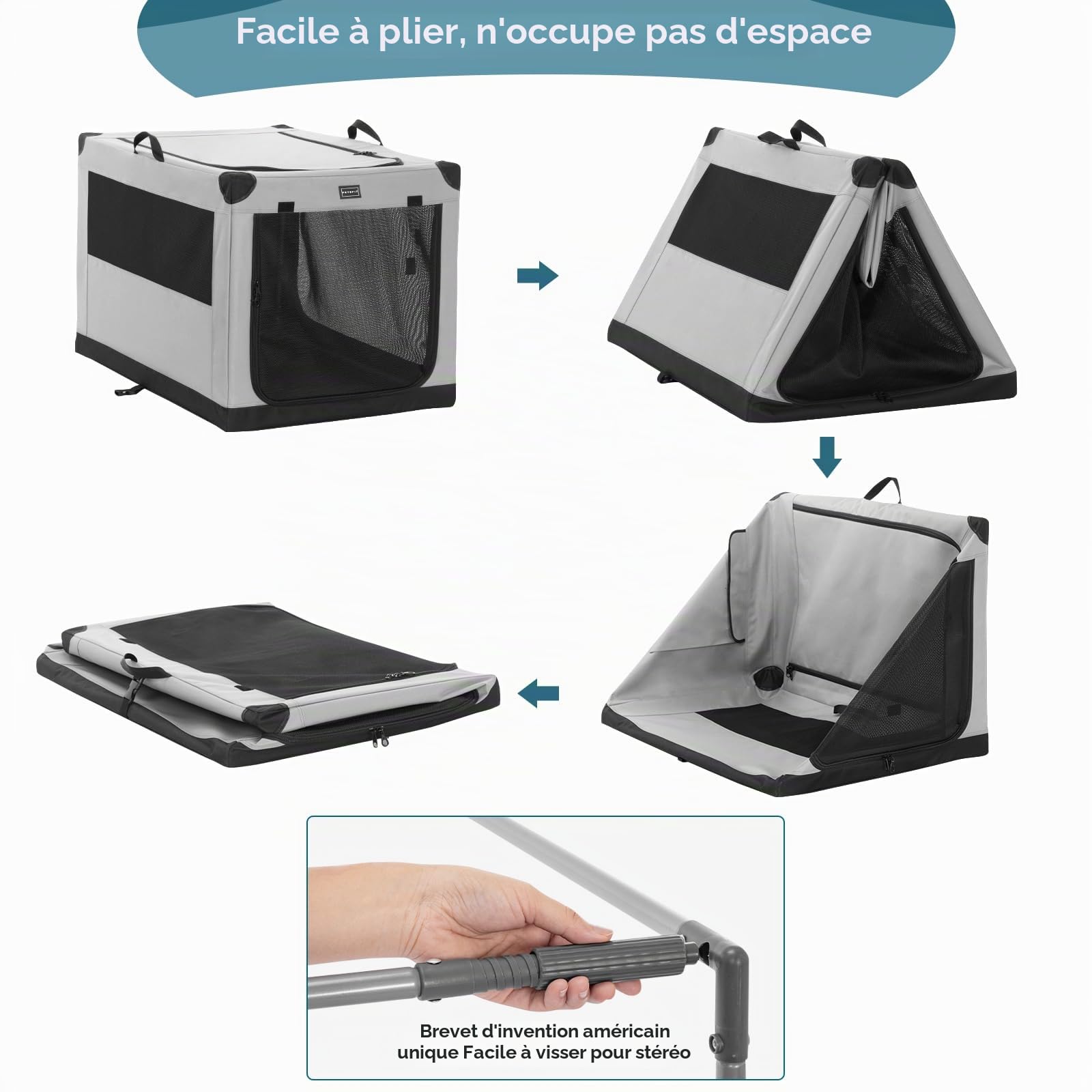 Petsfit Cage pour Chien Pliable, Transport en Tissu avec Cadre en Aluminium Intégré, Caisse Réglable par Tuyau en Spirale, Gris, XL