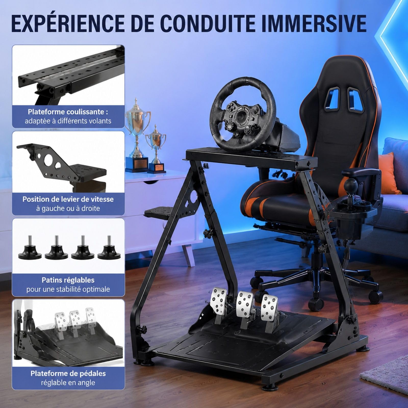 Support de volant de course pliable et réglable avec support pour pédalier, cockpit de simulation de conduite pour jeu de course, pédales non incluses