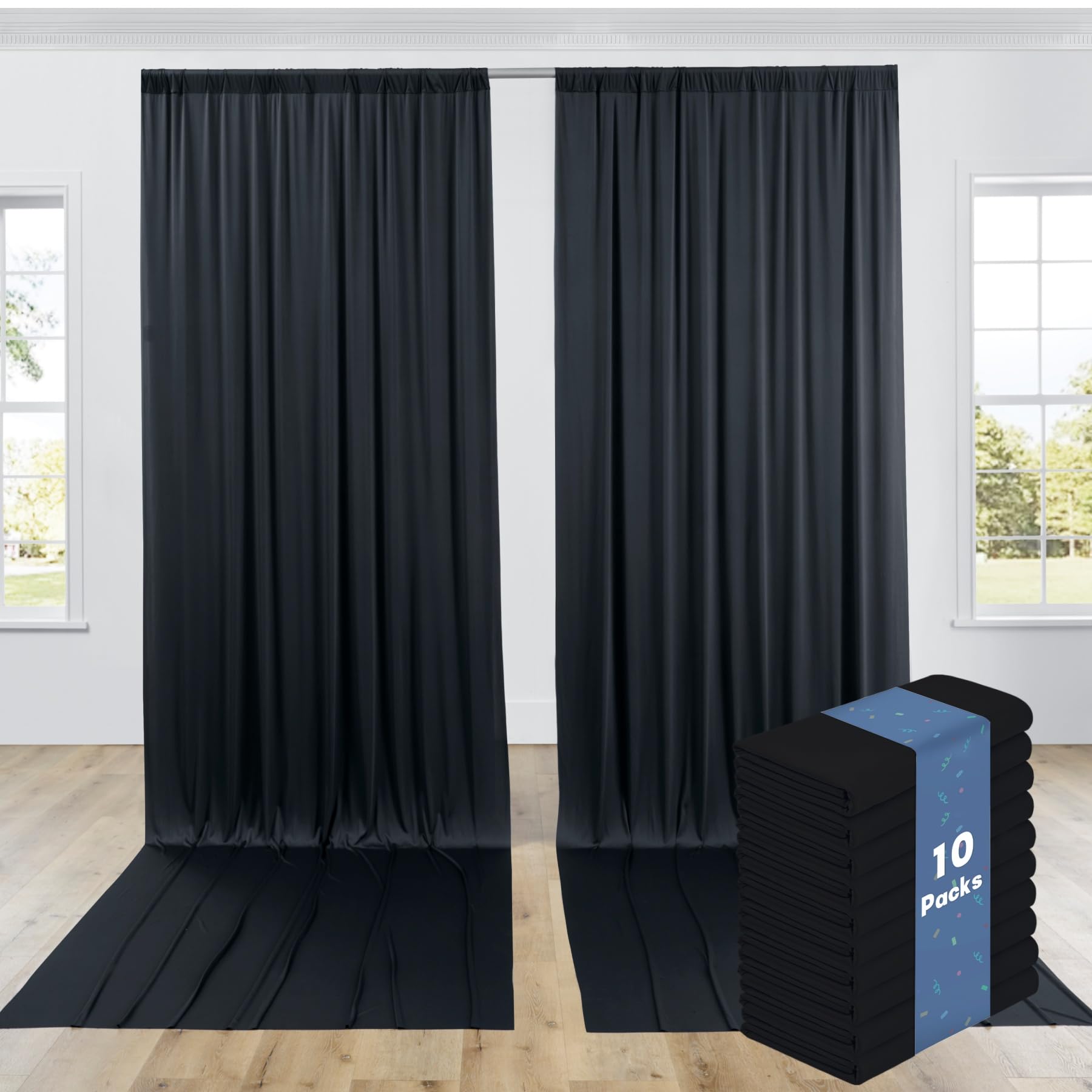 50ftx12ft Black Wrinkle-Free Wedding Backdrop Curtain -Silky Washable Black Polyester Drapes for Baby Showers, Birthday Parties, Photography, and