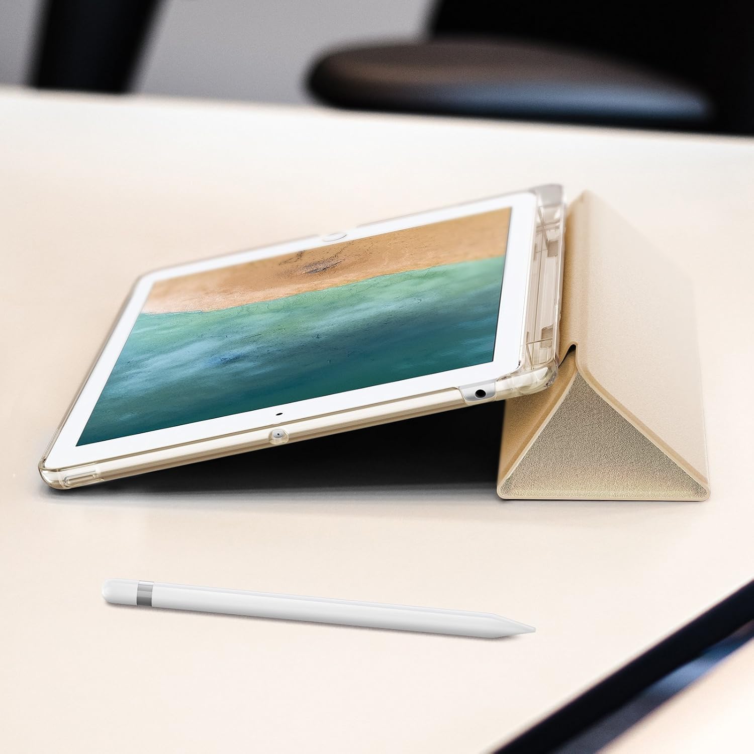 INFILAND iPad 9.7 2018 Translucent Frosted Back Case Cover with Apple Pencil Holder Compatible with Apple iPad 9.7inch (6th Gen) 2018, Gold