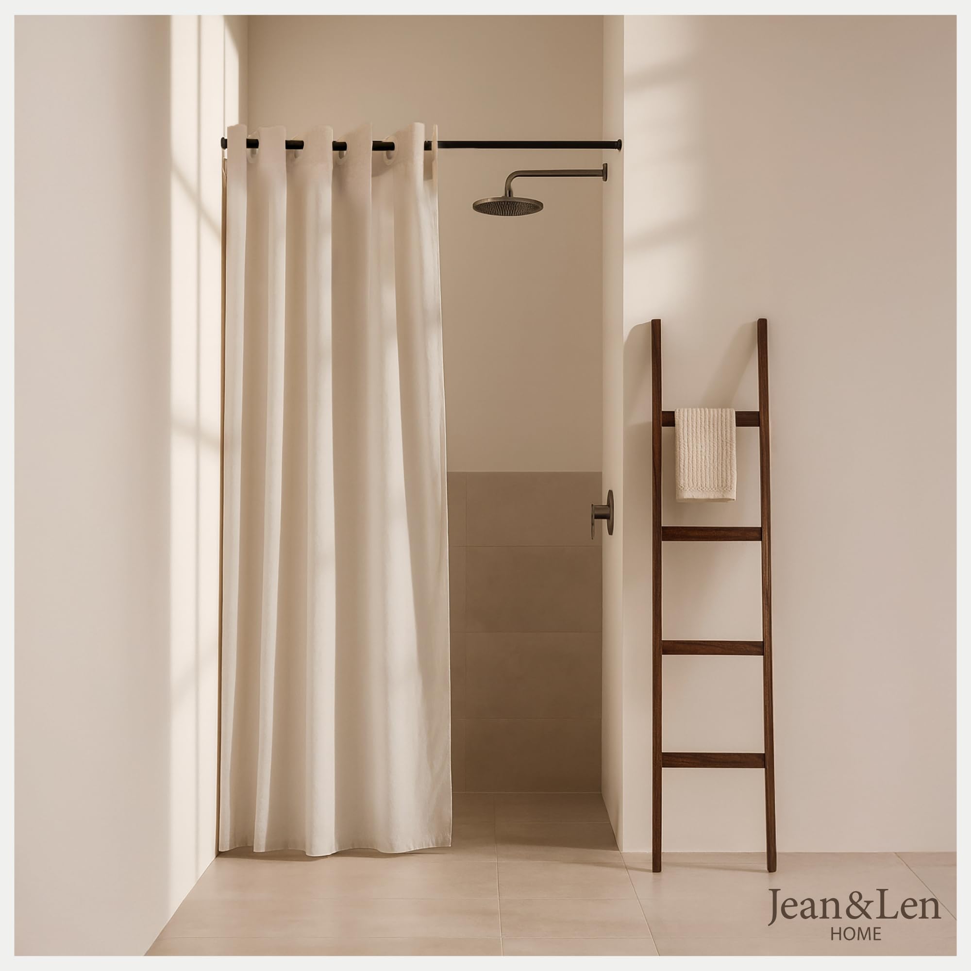 Jean & Len tenda da doccia beige, 100% poliestere, raffinato effetto lino, lavabile in lavatrice, con sistema di sospensione integrato, idrorepellente, 180 x 200 cm