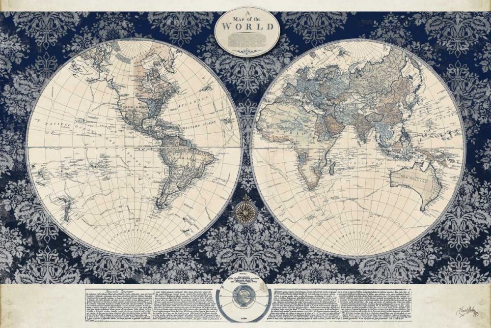 Art Print sur papier mat 220 g - Carte du monde bleue Medley Elizabeth - Cartes horizontales - Carte bleue des globes du monde damassés vintage - 20 x 31 cm