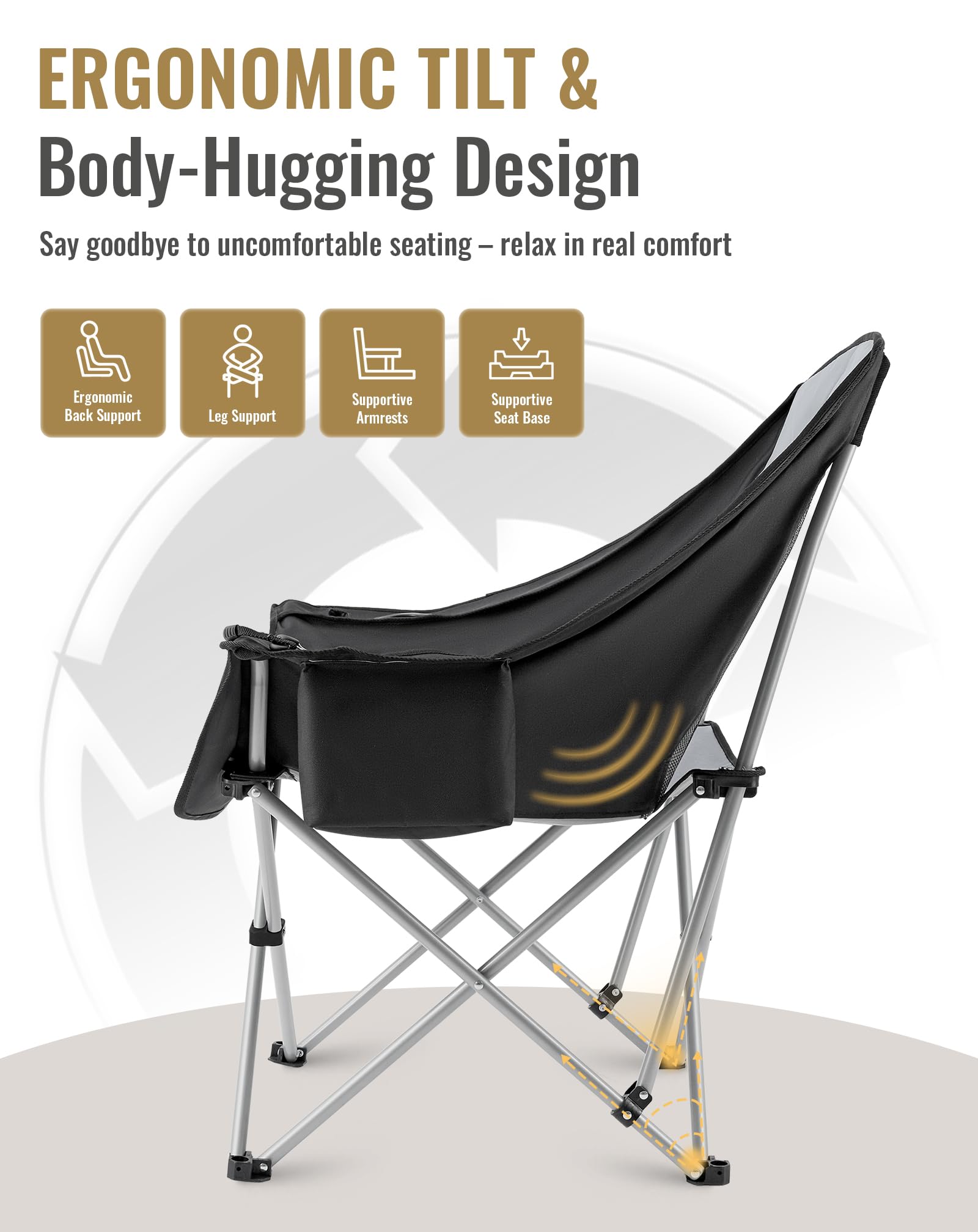 Chaise De Camping Pliante Alpha Camp – Grand Modèle, Porte-Gobelet, Sac Isotherme, Capacité 200 Kg, Noir