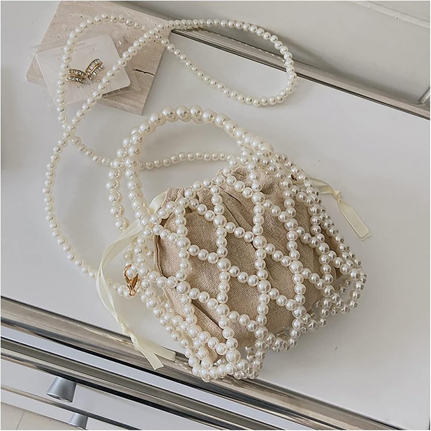 Luxury Pearl Bag Chain Bag Purse Bags, Artificial Pearl Clutch Handmade Bags Evening Bags for Wedding Bridal Party Travel 5.1x5.9in - Image 3