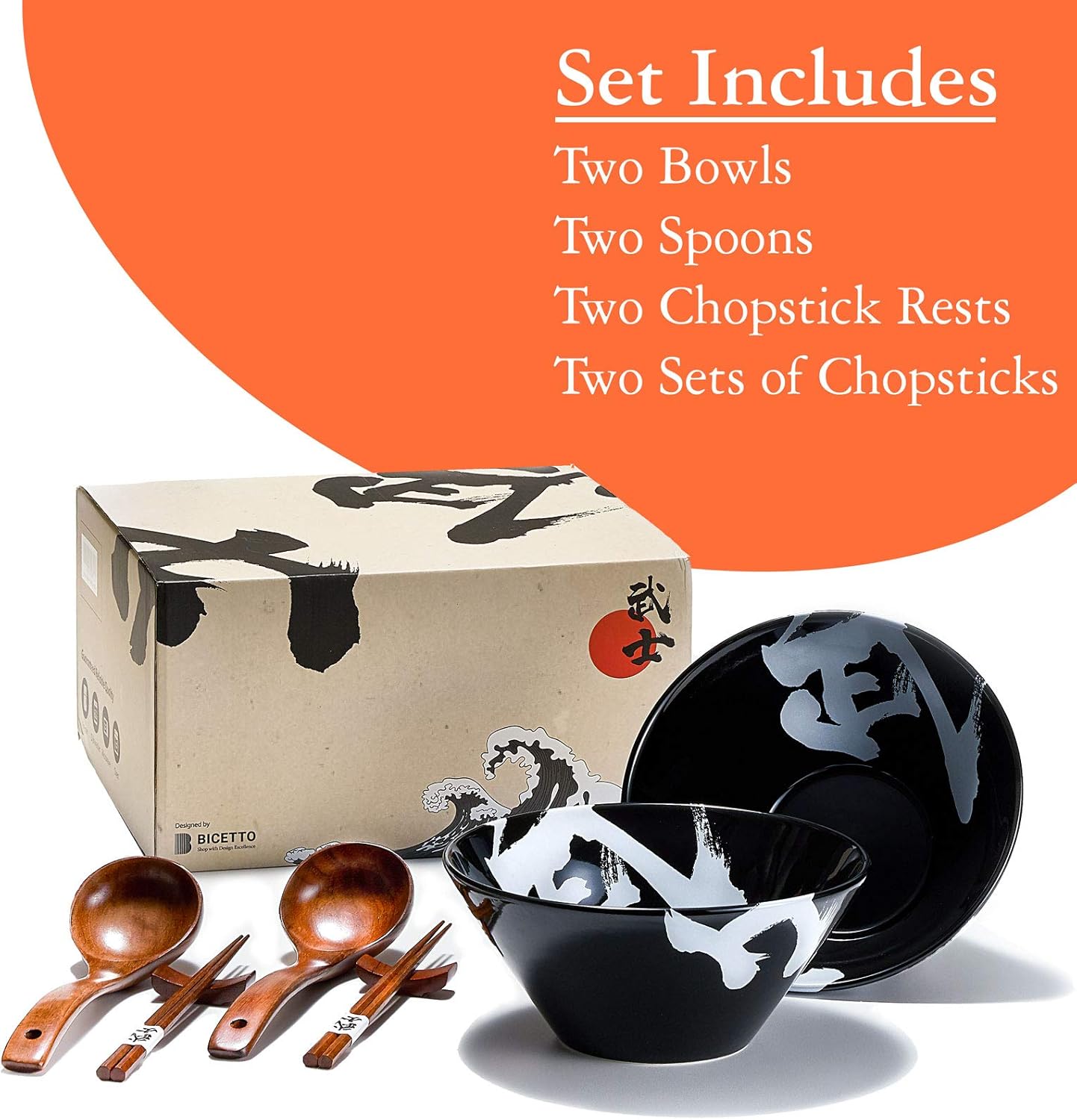 Japanese Ceramic Ramen Bowl Set, 60oz Large Ramen Bowls with Chopsticks, Spoons and Chopstick Rests – Bowl for Ramen, Pho, Salad, Poke, Soup, Udon – Minimalist Design, Premium Quality, Black - Image 2