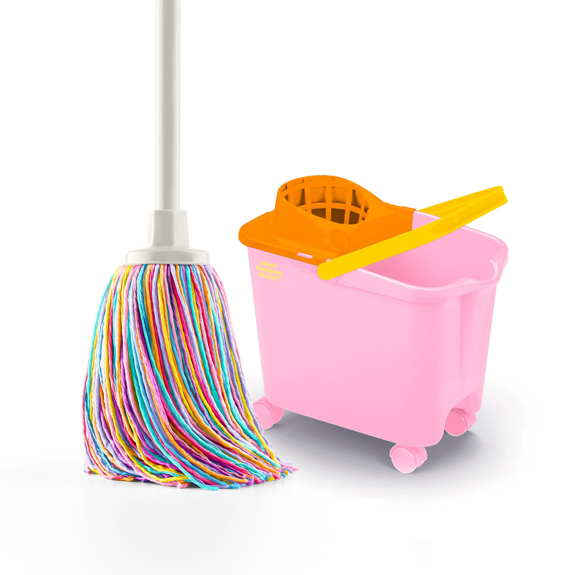 Happy Rainbow – Mop with 14L Drainer Bucket and Swivel Wheels Sustainable Cleaning Set with Recycled Microfibre, Ideal for Home and Floors