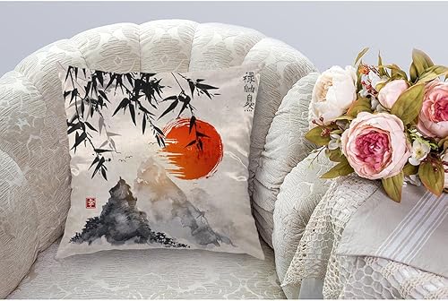 Miniatura 2 de HGOD DESIGNS Funda de almohada de bambú, diseño de árboles de bambú japoneses, sol y montañas, funda de cojín cuadrada estándar decorativa para el