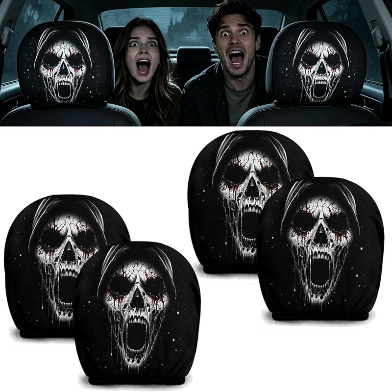 Kit com 4 Capas de Encosto de Cabeça Ghost Face para Carro, Estampa de Halloween, Tecido Elástico e Lavável, Generic