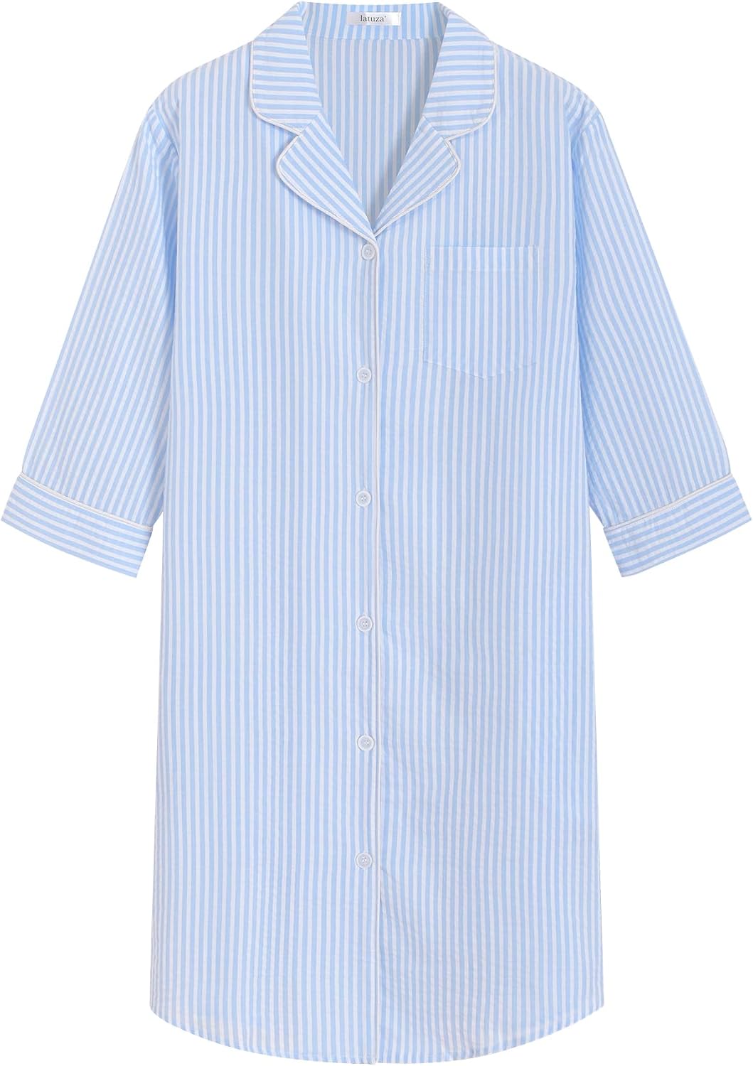Latuza Women's Cotton Button Down Nightgown Seersucker 3/4 Sleeve Nightshirt