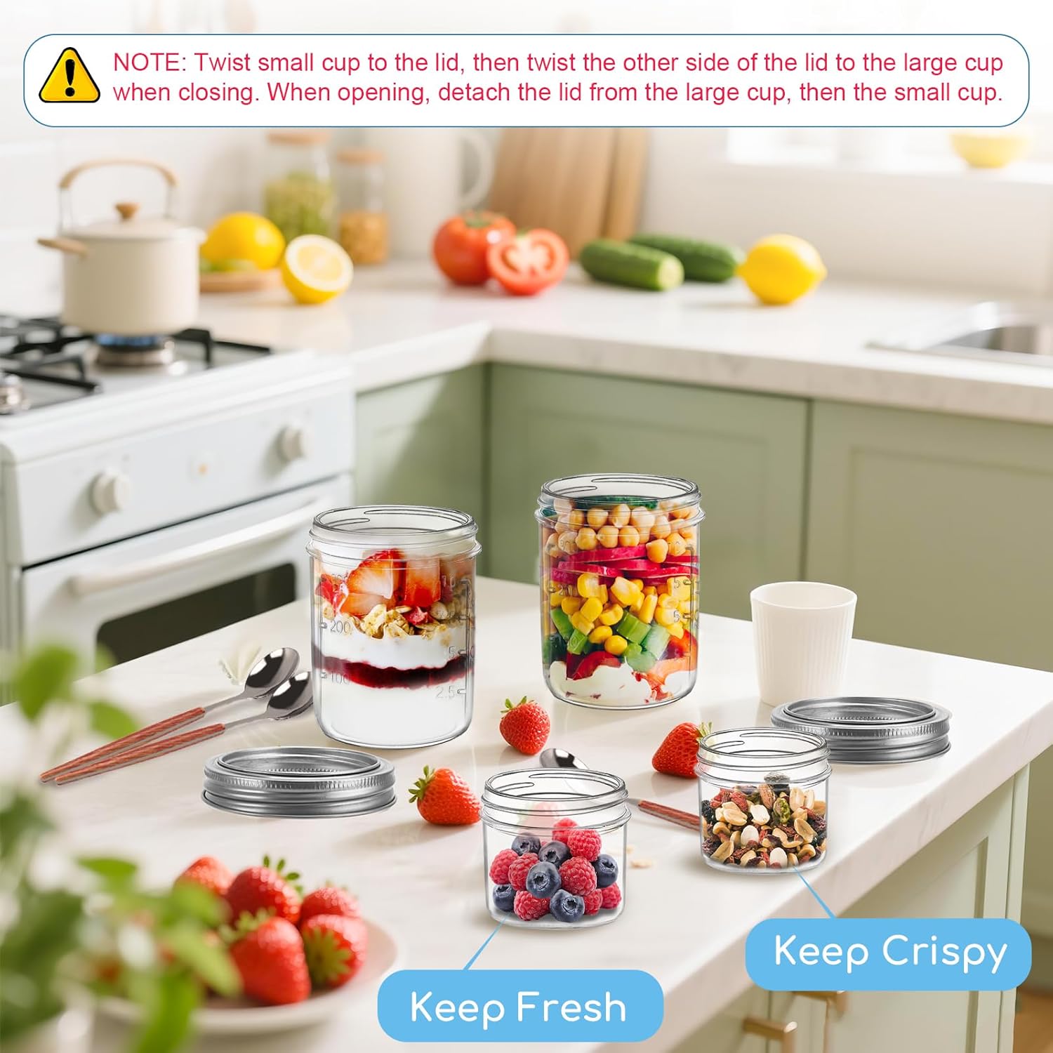 4 Pack Overnight Oats Containers with Lids and Spoons, Dual-Layer Chia Pudding Jars with Dry/Wet Separation,Yogurt Parfait Cups, 16 oz+4oz Glass Mason Salad Jars with Lids for Breakfast Oatmeal Cereal - Image 4